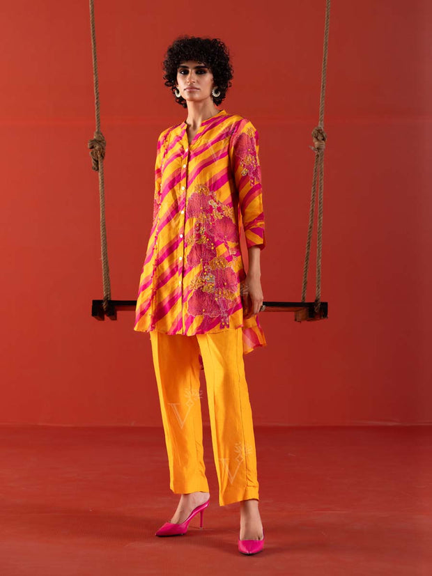Pink and Yellow Vasansi Silk Leheriya Co Ord Set