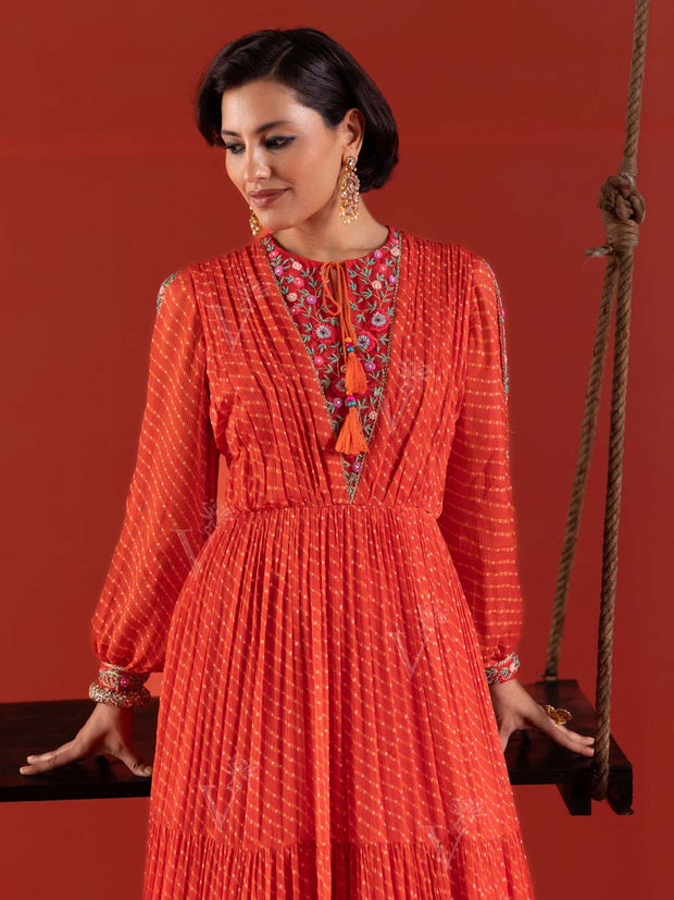 Orange-Red Leheriya Tiered Anarkali Gown