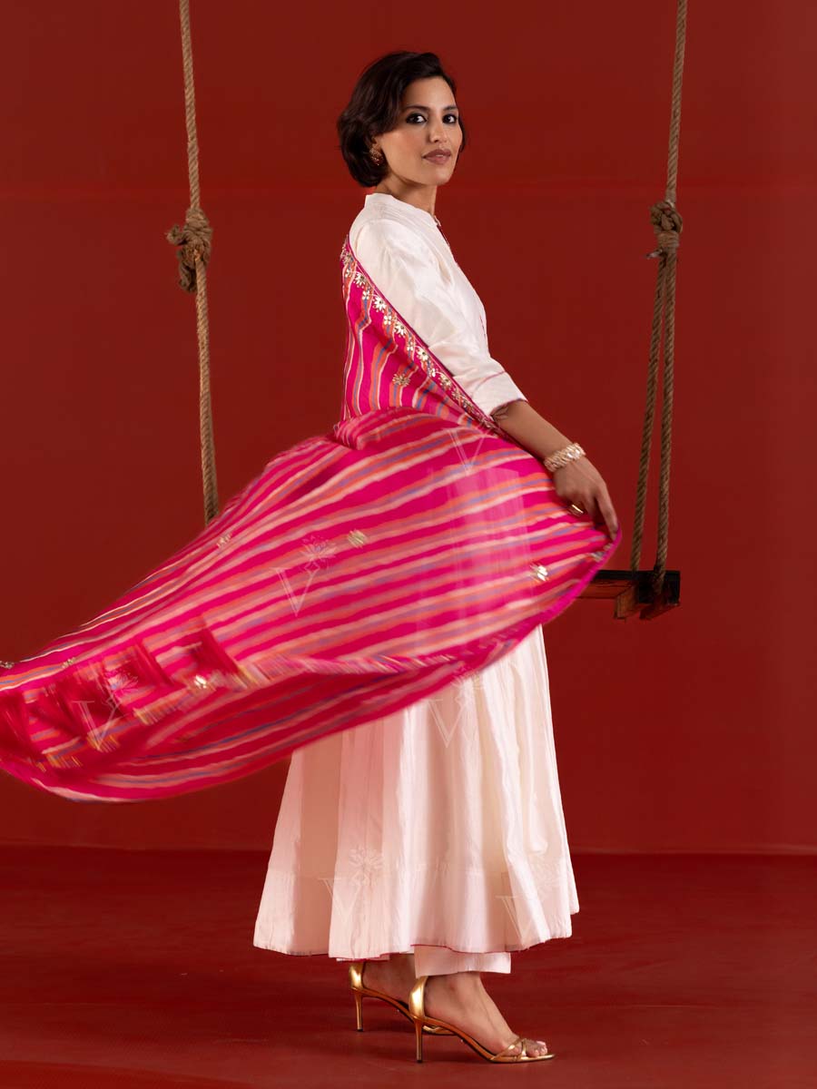 white dress with pink dupatta Buy FUSIONIC White Pure Silk Anarkali Gown with Embroidered Rani Pink  Dupatta at Amazon.in