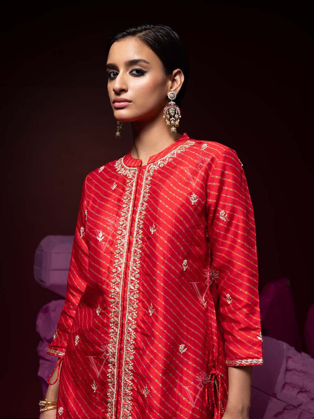 Red Vasansi Silk Leheriya Kurta and Dhoti Pants Set