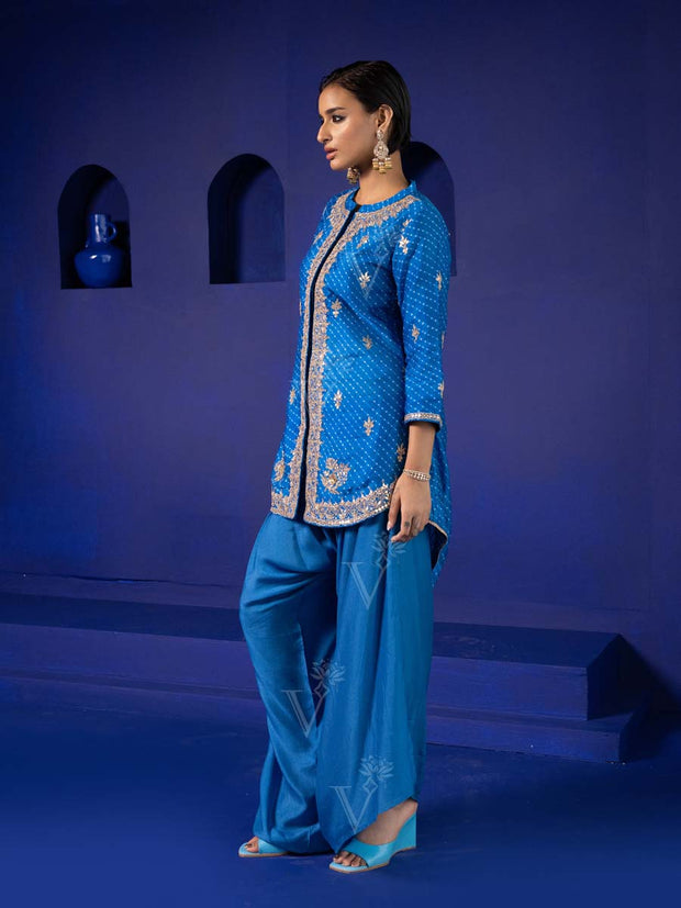 Blue Vasansi Silk Leheriya Kurta and Dhoti Pants Set