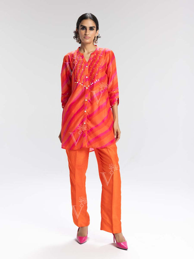 Orange and Pink Vasansi Silk Leheriya Co Ord Set