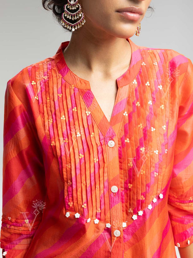 Orange and Pink Vasansi Silk Leheriya Co Ord Set