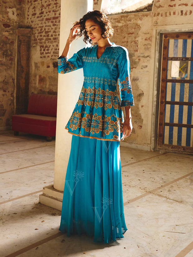 Blue Embroidered Peplum and Palazzo Set