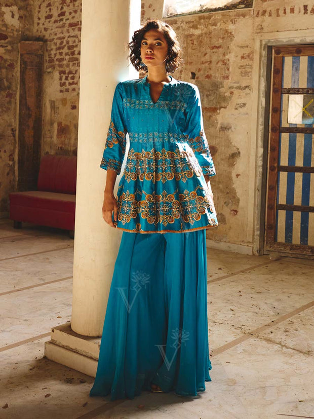 Blue Embroidered Peplum and Palazzo Set