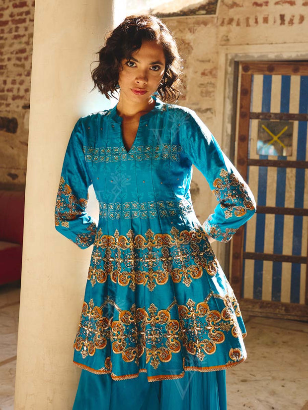 Blue Embroidered Peplum and Palazzo Set