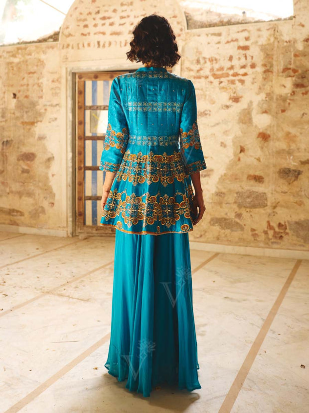 Blue Embroidered Peplum and Palazzo Set