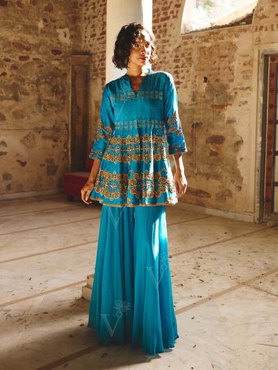 Blue Embroidered Peplum and Palazzo Set