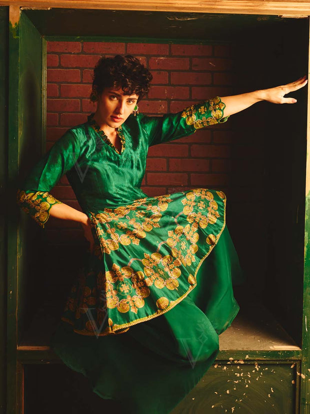 Green Embroidered Peplum and Palazzo Set