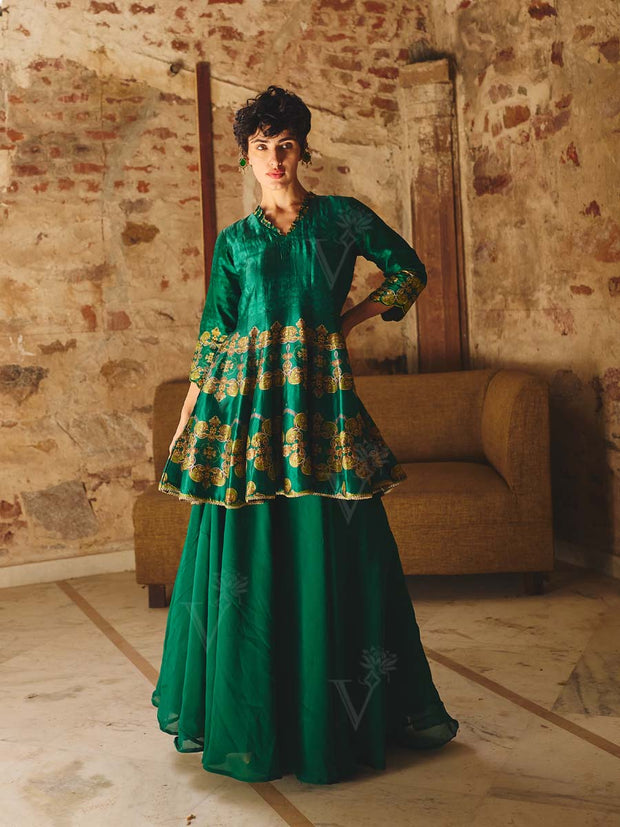 Green Embroidered Peplum and Palazzo Set