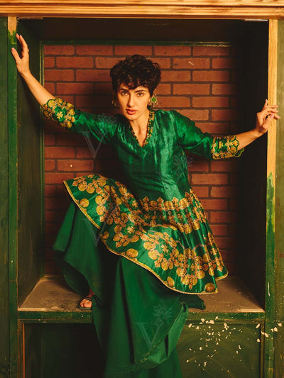 Green Embroidered Peplum and Palazzo Set