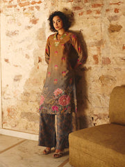 Brown Grey Embroidered Co-ord Set