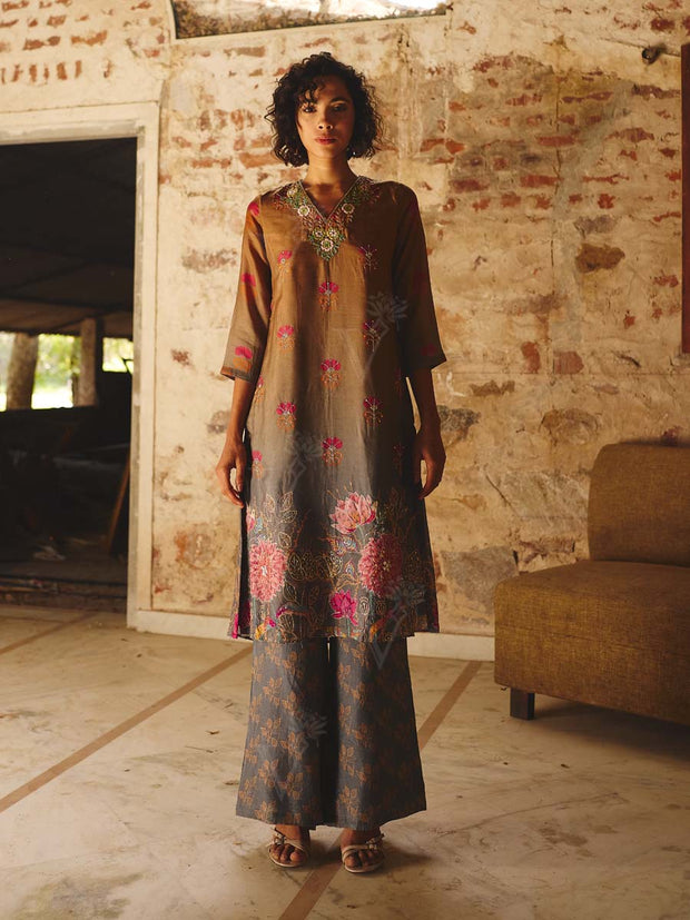 Brown Grey Embroidered Co-ord Set