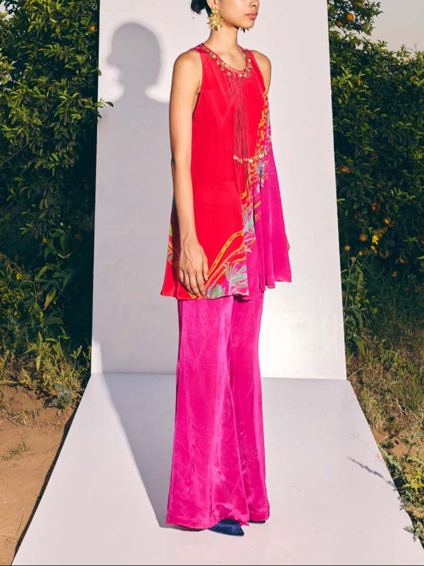 Red and Pink Crepe Top and Bell Bottom Set 