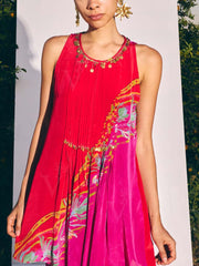Red and Pink Crepe Top and Bell Bottom Set 