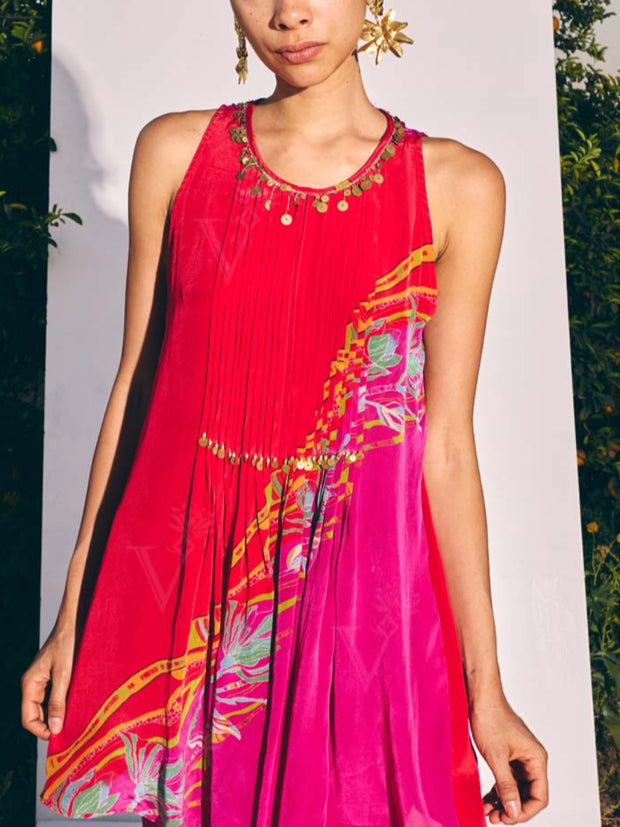 Red and Pink Crepe Top and Bell Bottom Set 