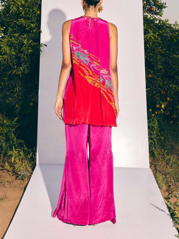 Red and Pink Crepe Top and Bell Bottom Set 