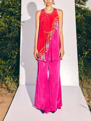 Red and Pink Crepe Top and Bell Bottom Set 