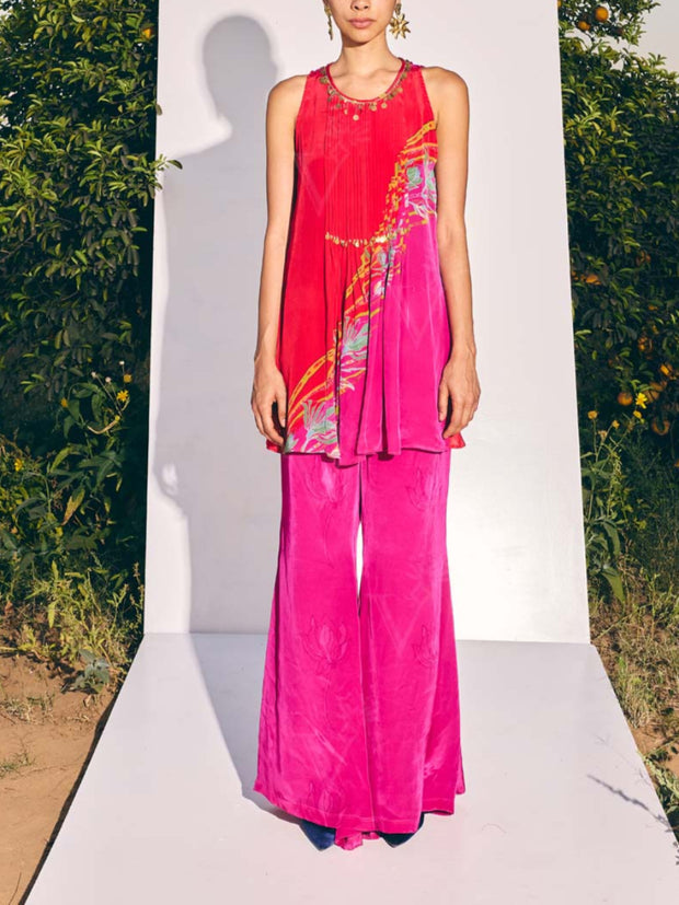 Red and Pink Crepe Top and Bell Bottom Set 