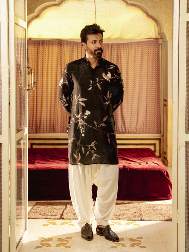 Bird Branch Black Ganganery Kurta