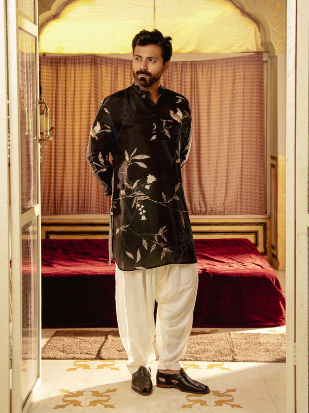 Bird Branch Black Ganganery Kurta