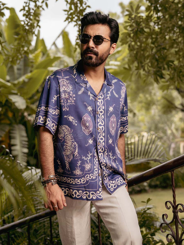 Royal Tigris Blue Relaxed Fit Cuban Collar Shirt