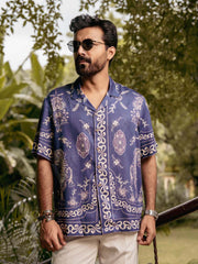 Royal Tigris Blue Relaxed Fit Cuban Collar Shirt