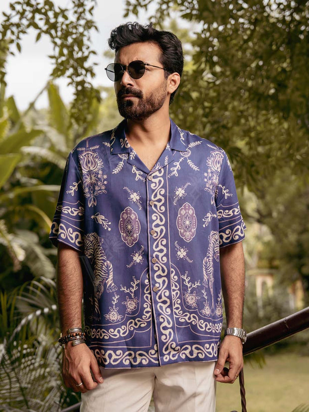 Royal Tigris Blue Relaxed Fit Cuban Collar Shirt