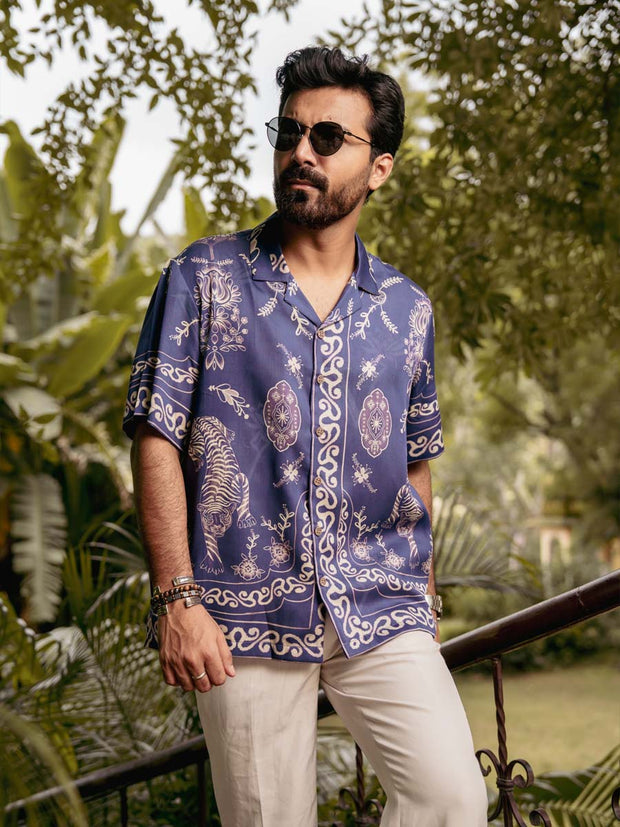 Royal Tigris Blue Relaxed Fit Cuban Collar Shirt