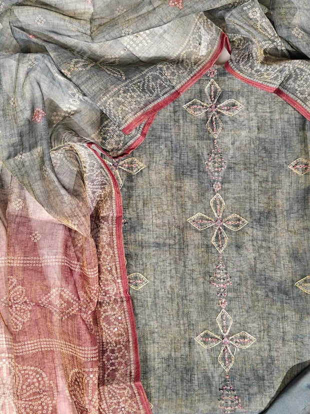 Shaded Grey And Coffee Chanderi Dress Material