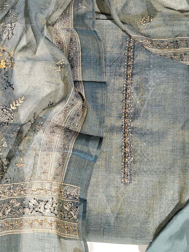Grey Chanderi Dress Material