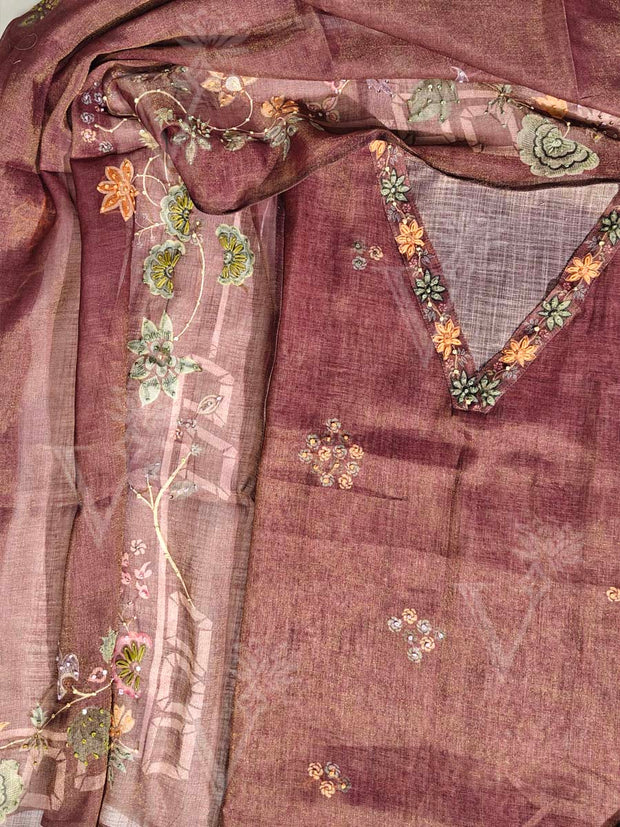 Wine Chanderi Dress Material