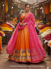 Orange and Pink Vasansi Silk Embroidered Lehenga Set