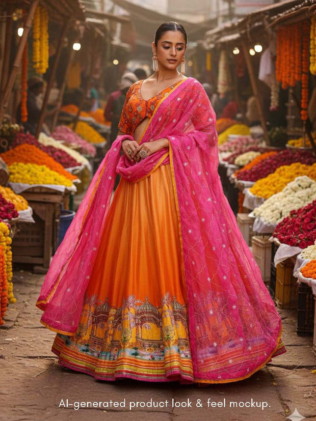 Orange and Pink Vasansi Silk Embroidered Lehenga Set