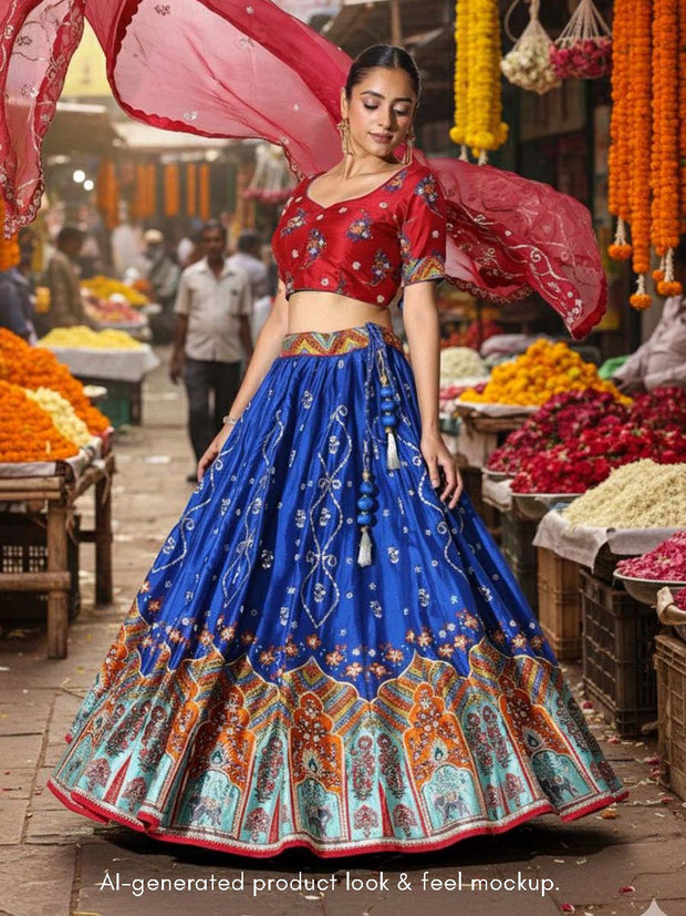 Red and Blue Vasansi Silk Embroidered Lehenga Set