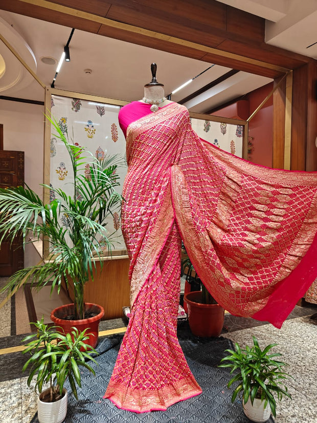 Pink Bandhani Saree – Real Georgette, Handmade Tie & Dye (Handloom)