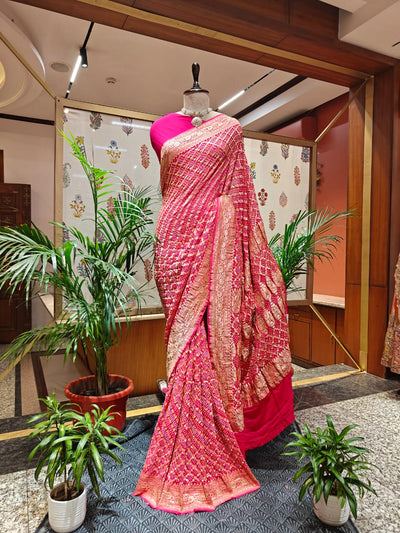 Pink Bandhani Saree – Real Georgette, Handmade Tie & Dye (Handloom)