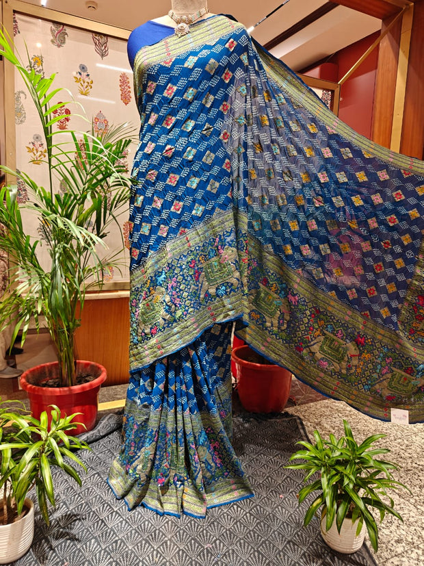 Royal Blue Bandhani Saree with Meenakari Work – Real Georgette, Handmade Tie & Dye