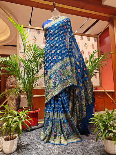 Royal Blue Bandhani Saree with Meenakari Work – Real Georgette, Handmade Tie & Dye