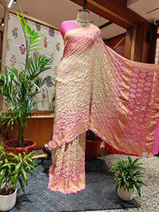 Off-White & Baby Pink Bandhani Saree – Real Georgette, Handmade Tie & Dye