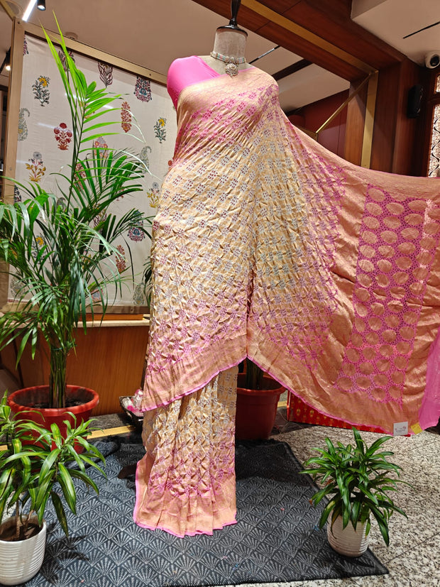 Off-White & Baby Pink Bandhani Saree – Real Georgette, Handmade Tie & Dye