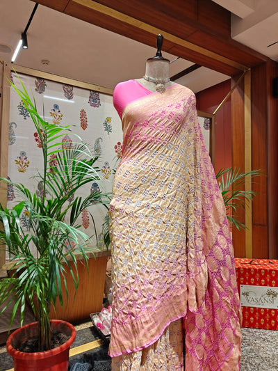 Off-White & Baby Pink Bandhani Saree – Real Georgette, Handmade Tie & Dye