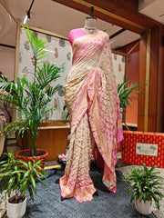 Off-White & Baby Pink Bandhani Saree – Real Georgette, Handmade Tie & Dye