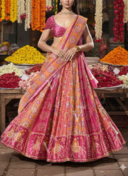 Pink Patola Vasansi Silk Printed Bandhani Lehenga Set