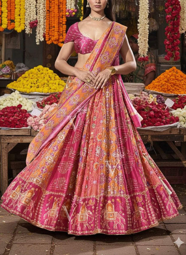 Pink Patola Vasansi Silk Printed Bandhani Lehenga Set