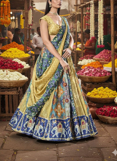 Green and Blue Patola Vasansi Silk Printed Bandhani Lehenga Set