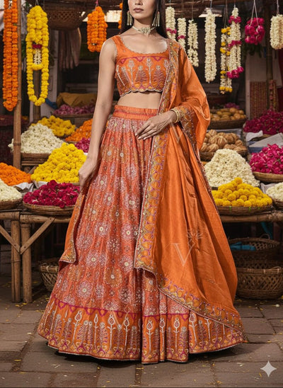 Orange Vasansi Silk Printed Lehenga Set