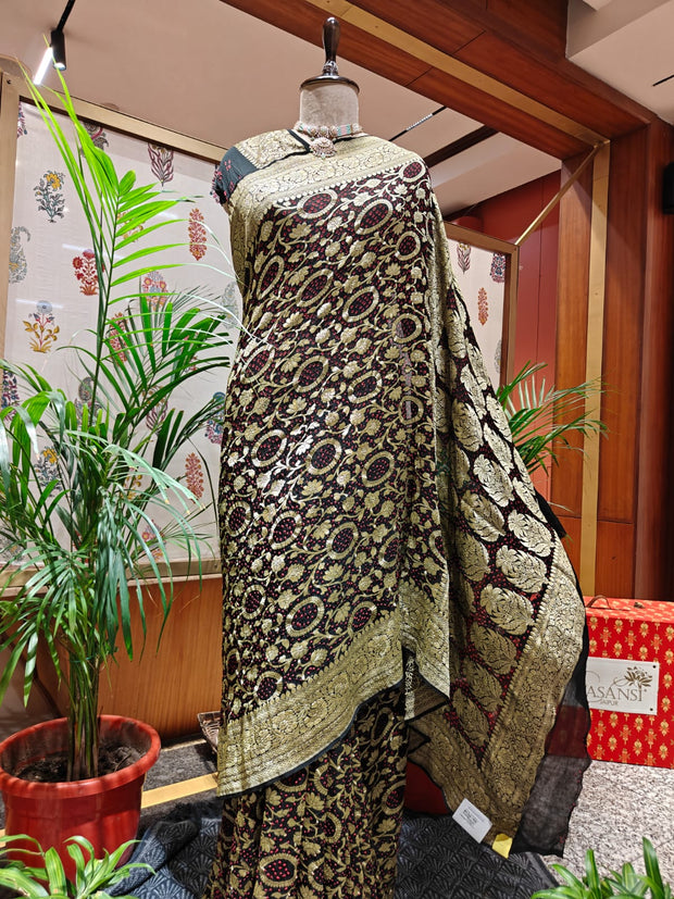 Black & Red Bandhani Saree – Real Georgette, Handmade Tie & Dye