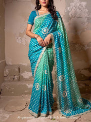Blue and GreenEmbroidered Bandhani Printed Organza Saree