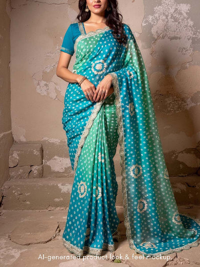 Blue and GreenEmbroidered Bandhani Printed Organza Saree